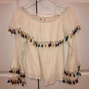 Off-White Blouse with Multicolor Tassels